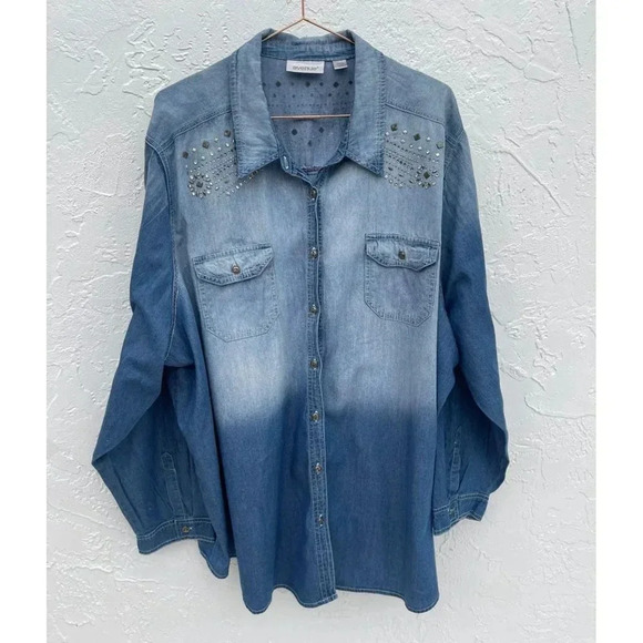 Avenue Womens Long Sleeve Embellished Button Down Denim Shirts Blue Sz XL - Picture 1 of 14